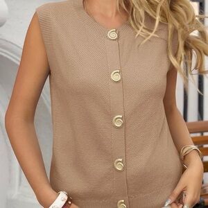 Chic Khaki Button Front Sweater Vest| Sleeveless Knit Cardigan Top| Size Small